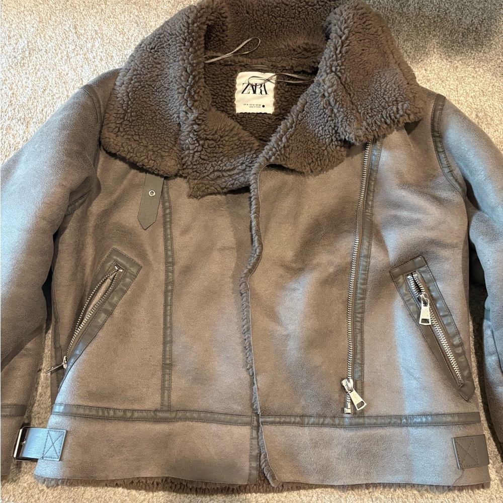 Zara Taupe Shearling Jacket with Zipper Accents